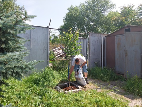 Jeden z dobrovoľníkov v záhrade  Domova sv. Jána z Boha.